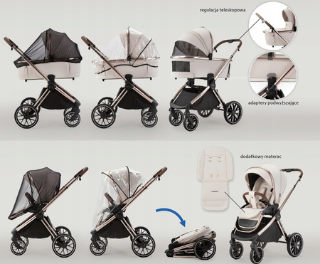 Wózek Adamex SPARK CHAMPAGNE LATTE 4w1 z Astrid i-Size + Baza ISOFIX